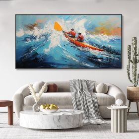 Hand Painted Oil Painting Custom Kayaking Sports Wall Art Original Water Surfing Sports Abstract Blue Ocean Canvas Oil Painting Minimalist Wall Decor (style: 01, size: 50x100cm)